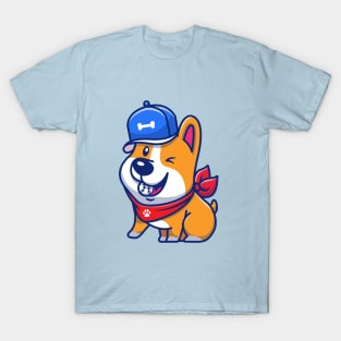 Cute Corgi With Baseball And Bone Hat T-Shirt